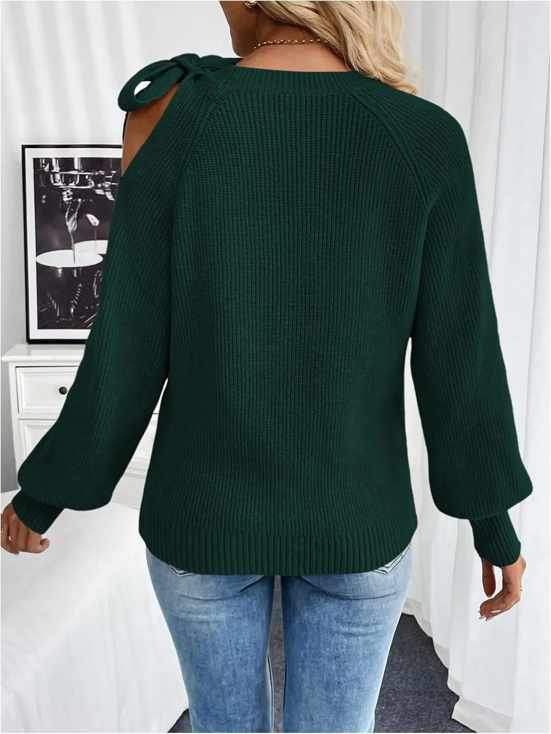 GORGLITTER Women's Bow Sweater Cut Out Tie Shoulder Long Sleeve Knit Pullover Tops Fall Fashion