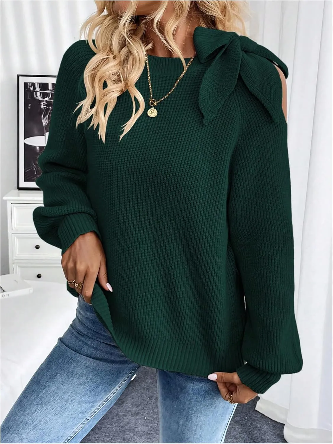 GORGLITTER Women's Bow Sweater Cut Out Tie Shoulder Long Sleeve Knit Pullover Tops Fall Fashion