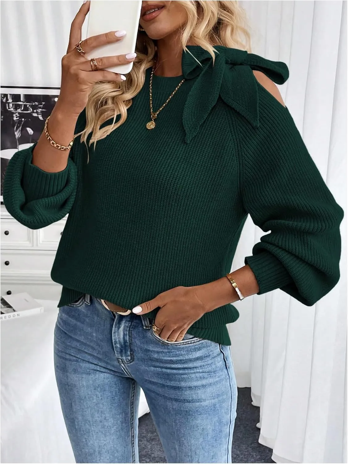 GORGLITTER Women's Bow Sweater Cut Out Tie Shoulder Long Sleeve Knit Pullover Tops Fall Fashion