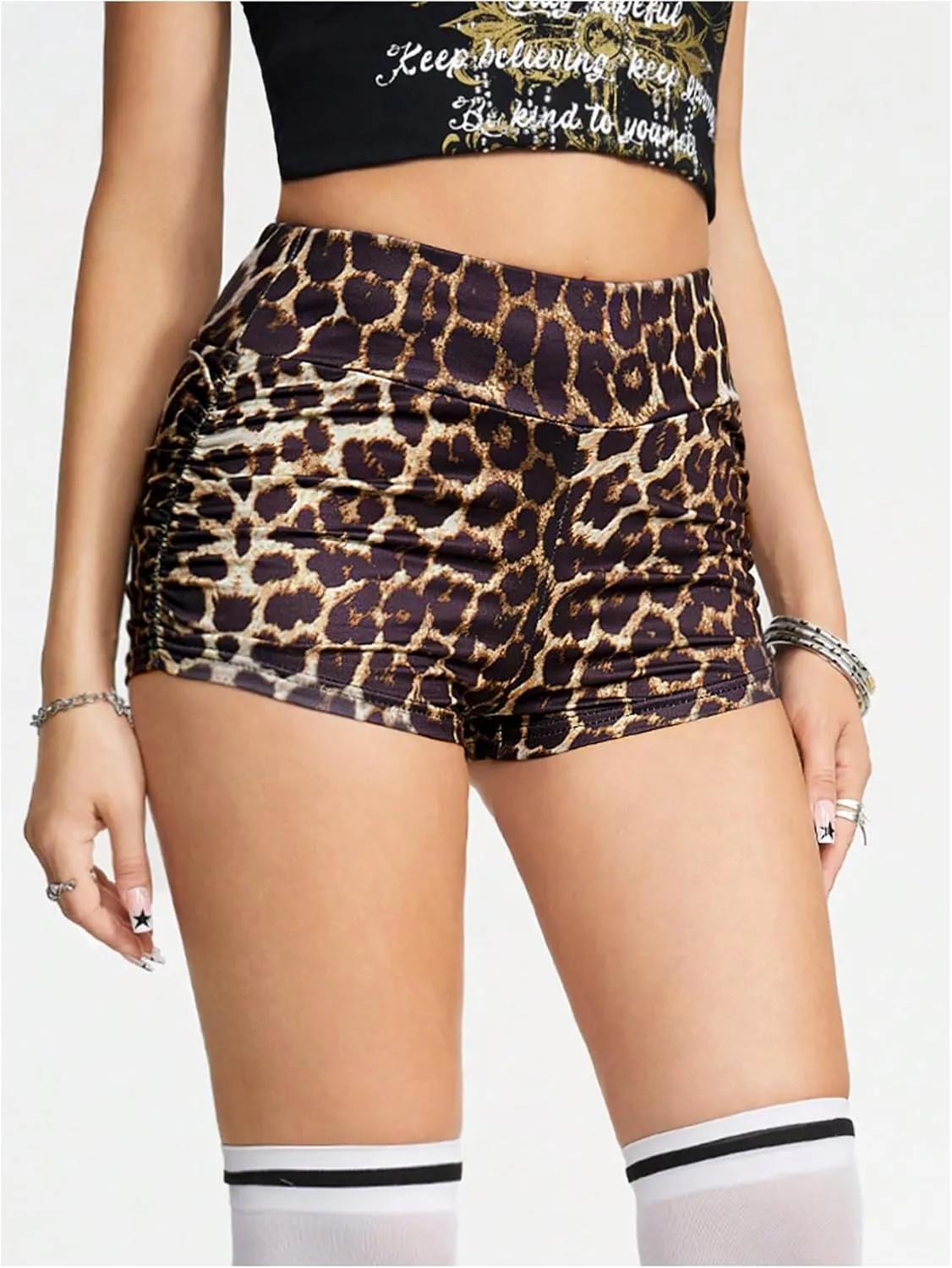 GORGLITTER Women's Glitter Rhinestone Camo Shorts High Waisted Ruched Shorts Skinny Mini Shorts