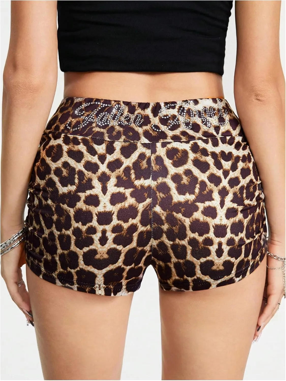 GORGLITTER Women's Glitter Rhinestone Camo Shorts High Waisted Ruched Shorts Skinny Mini Shorts