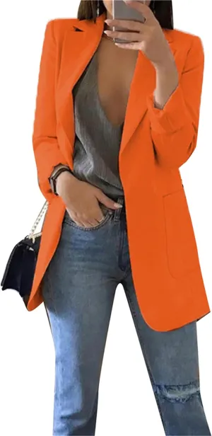 GORIFE Women Long Sleeve Lapel Collar Blazer with Pockets Classic-Fit Jacket Open Front Office Shoulder Suit