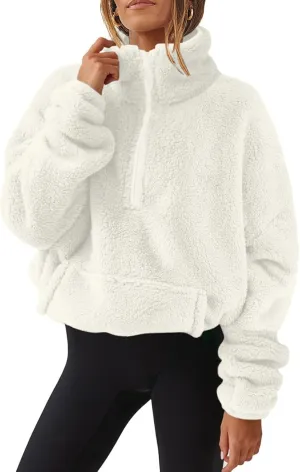 Gumipy Quarter Zip Pullover Women Stand Colar Thick Fleece Half Zip Pullover Trendy Drop Shoulder Cropped Sweater with Pocket