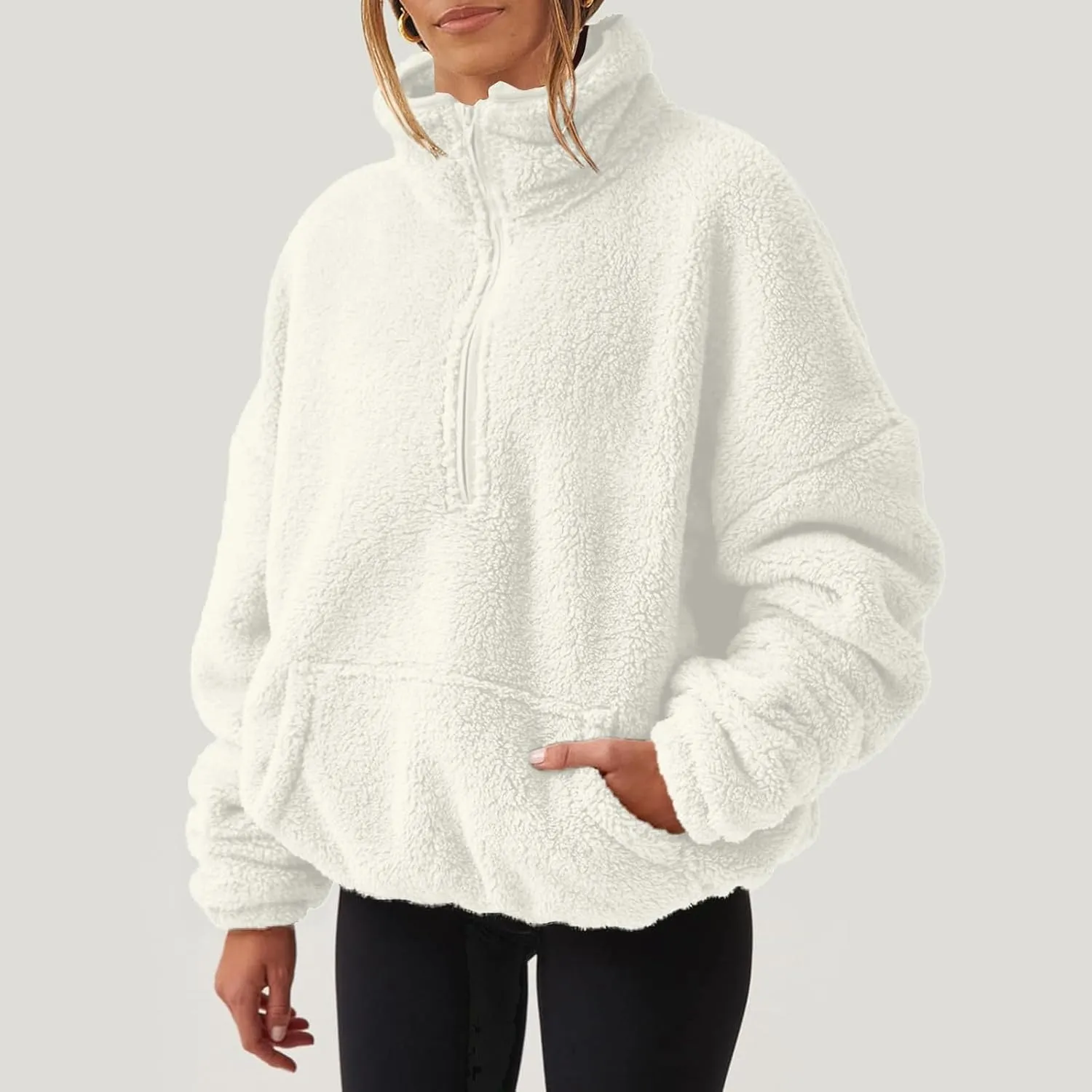 Gumipy Quarter Zip Pullover Women Stand Colar Thick Fleece Half Zip Pullover Trendy Drop Shoulder Cropped Sweater with Pocket