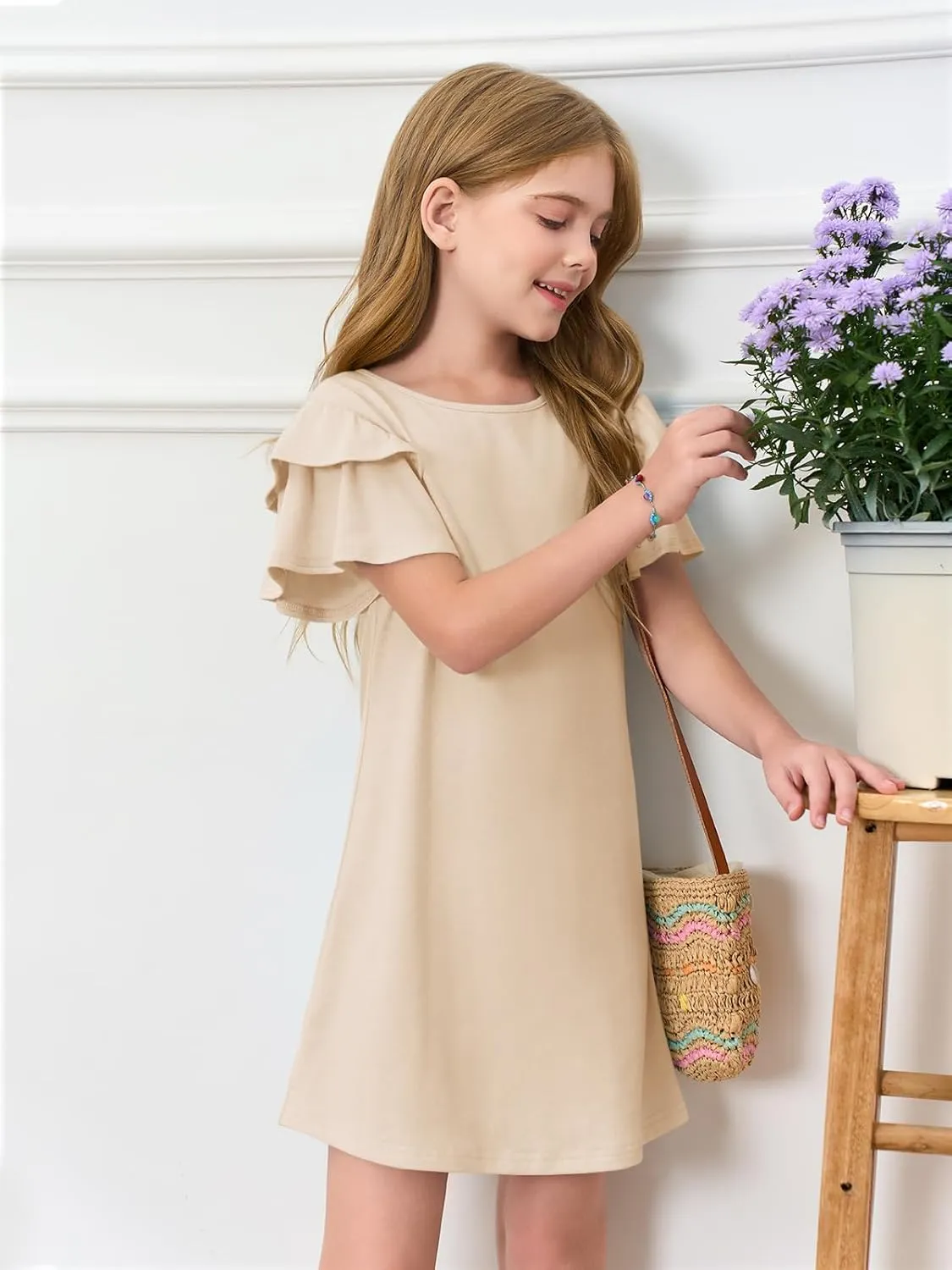 Haloumoning Girls Ruffle Sleeve Dresses Kids Summer Crewneck A Line Casual Dress 5-14 Years