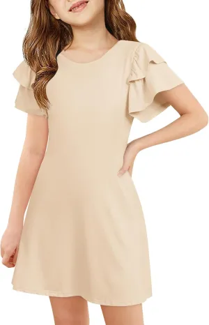 Haloumoning Girls Ruffle Sleeve Dresses Kids Summer Crewneck A Line Casual Dress 5-14 Years