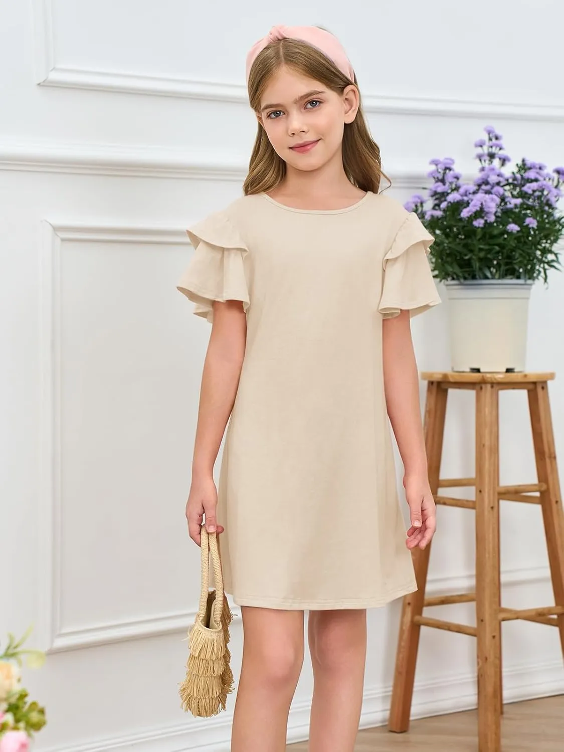 Haloumoning Girls Ruffle Sleeve Dresses Kids Summer Crewneck A Line Casual Dress 5-14 Years