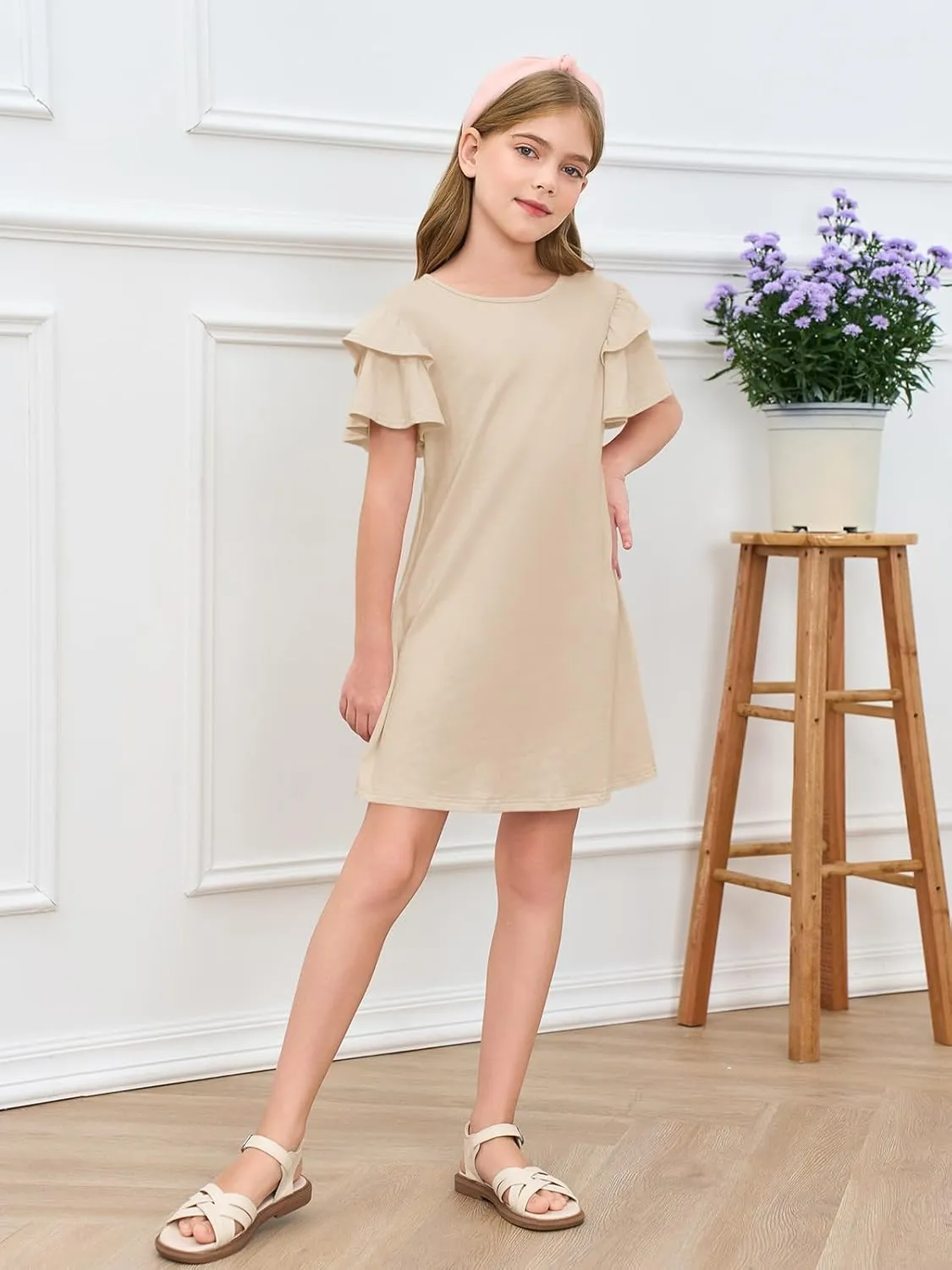 Haloumoning Girls Ruffle Sleeve Dresses Kids Summer Crewneck A Line Casual Dress 5-14 Years