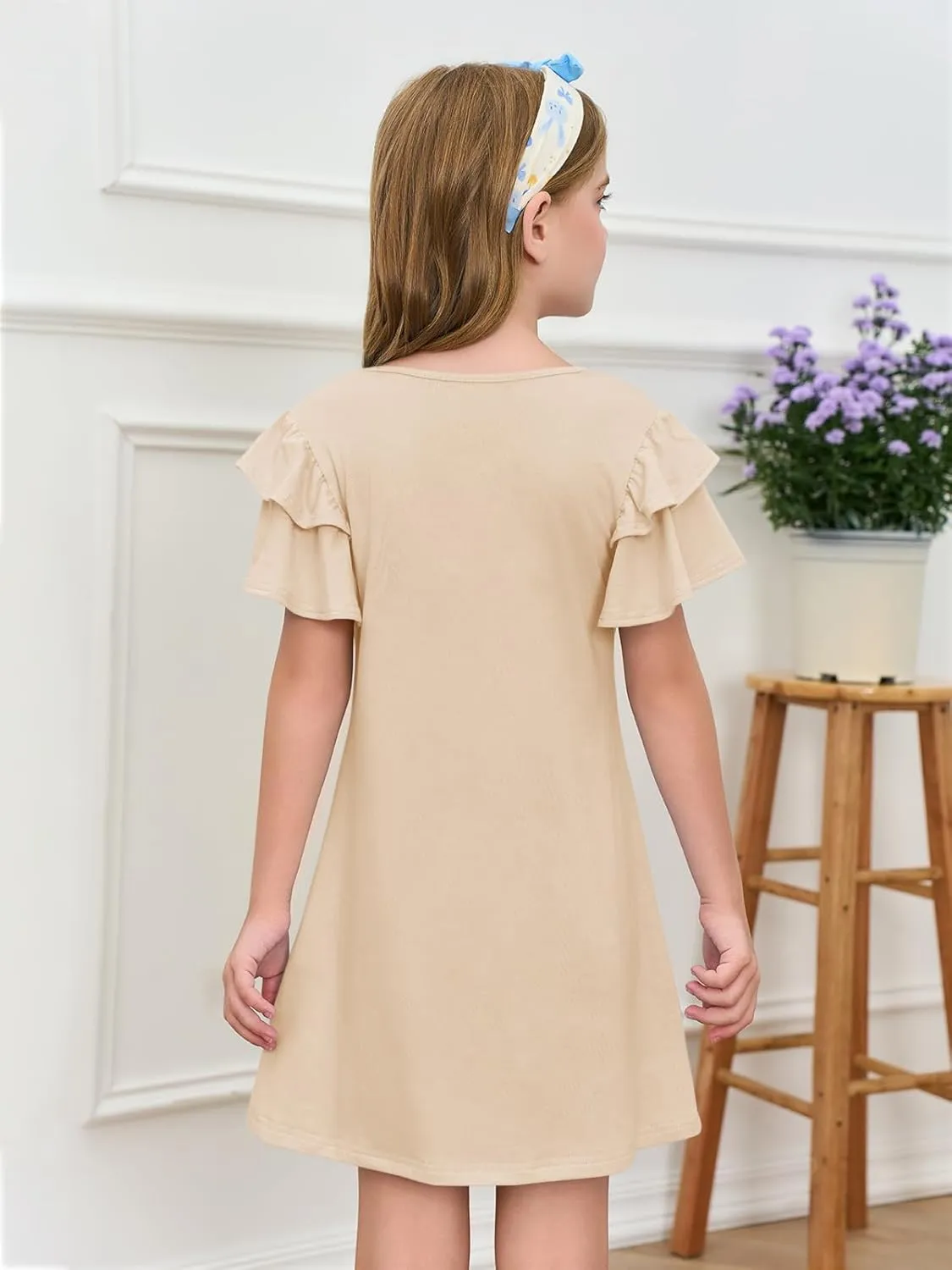 Haloumoning Girls Ruffle Sleeve Dresses Kids Summer Crewneck A Line Casual Dress 5-14 Years