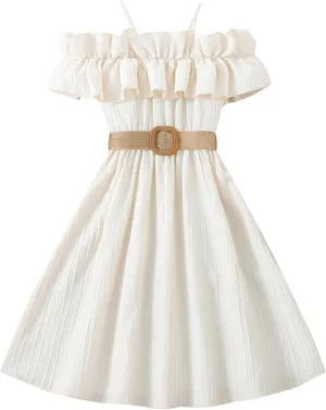 Happy Cherry Girls Cold Shoulder Midi Dress Ruffle Trim Short Sleeve Belted A Line Sundress for Summer Beach