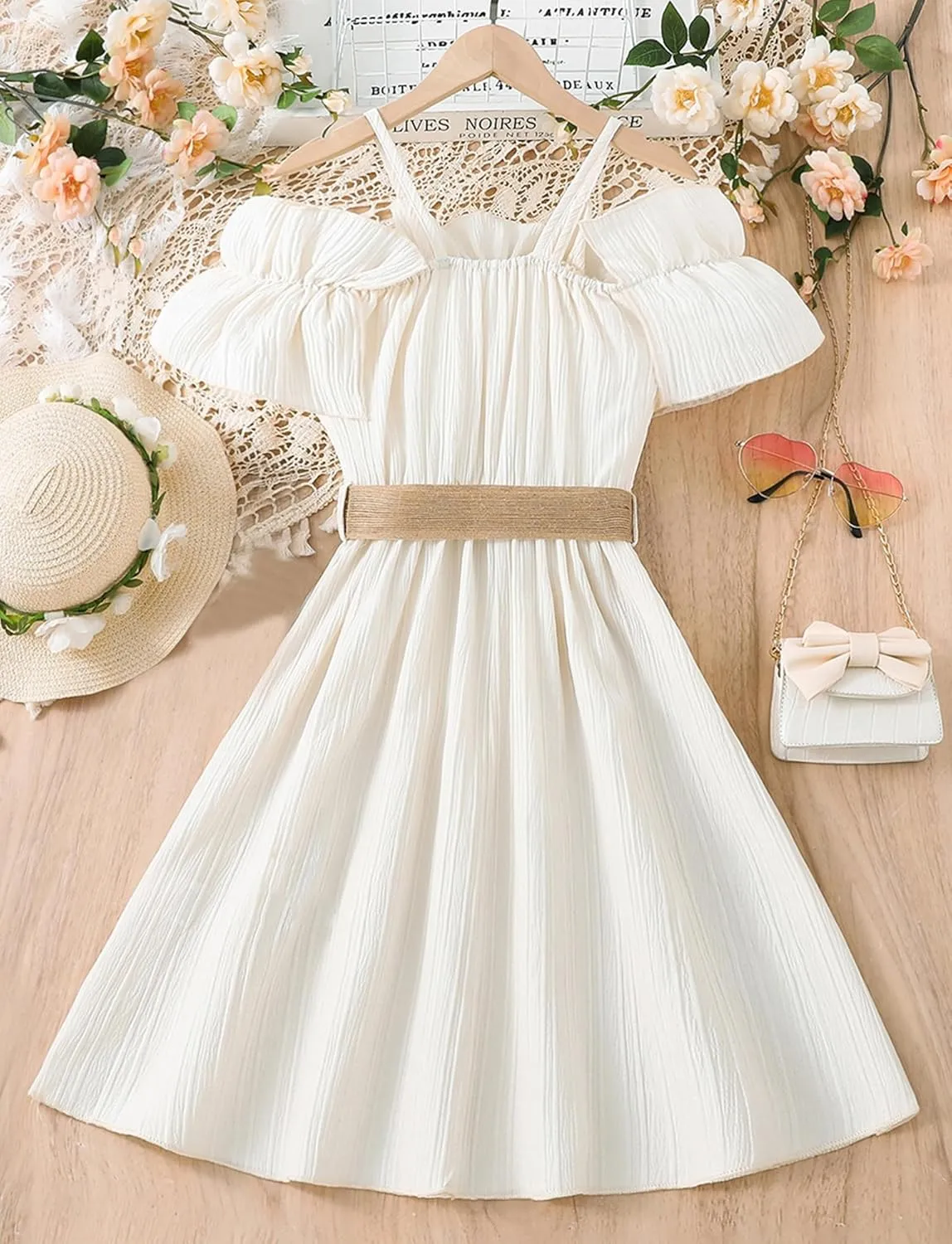 Happy Cherry Girls Cold Shoulder Midi Dress Ruffle Trim Short Sleeve Belted A Line Sundress for Summer Beach