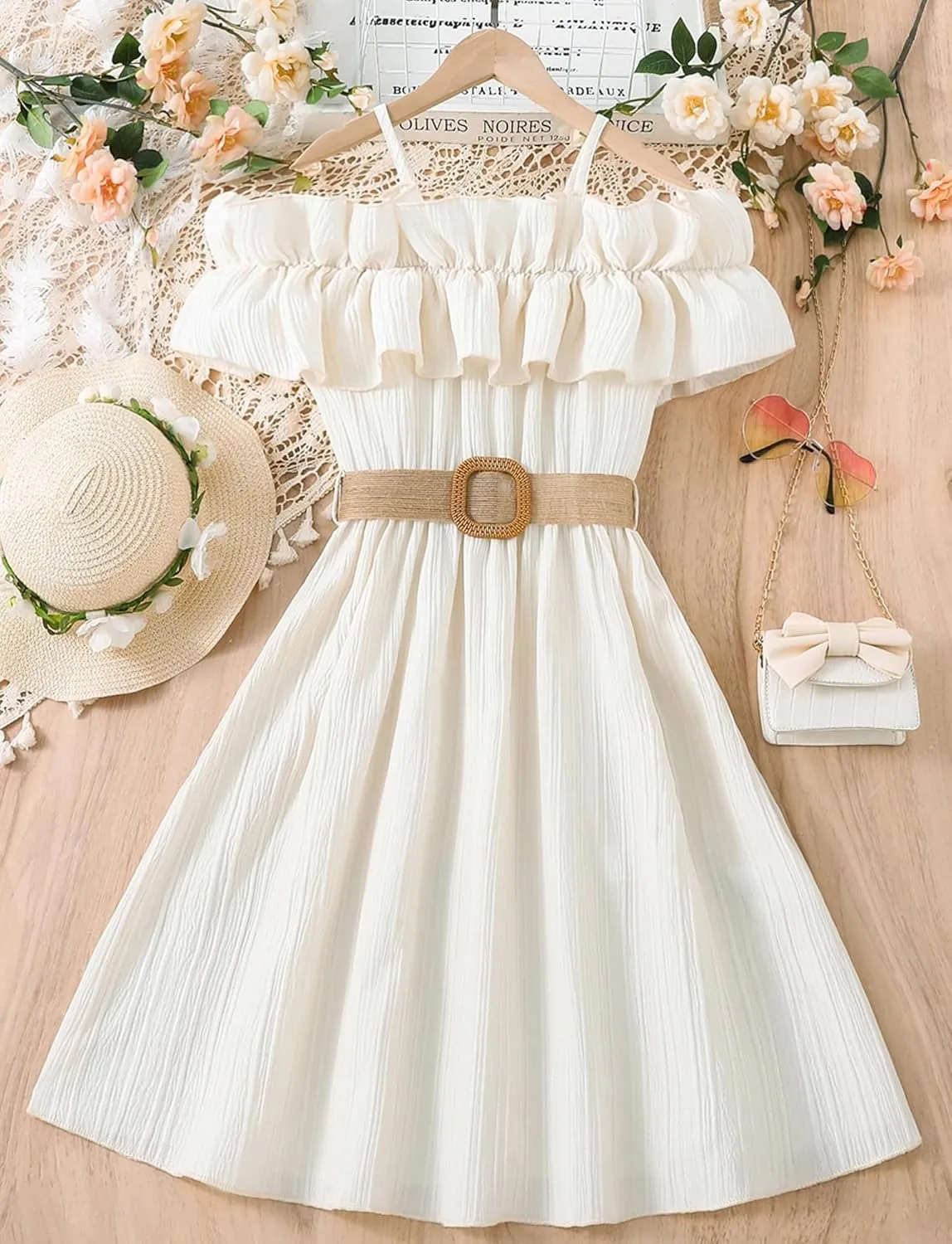 Happy Cherry Girls Cold Shoulder Midi Dress Ruffle Trim Short Sleeve Belted A Line Sundress for Summer Beach