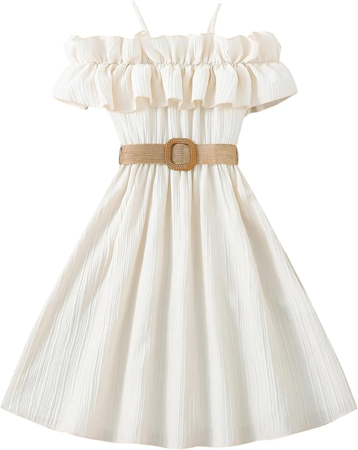 Happy Cherry Girls Cold Shoulder Midi Dress Ruffle Trim Short Sleeve Belted A Line Sundress for Summer Beach