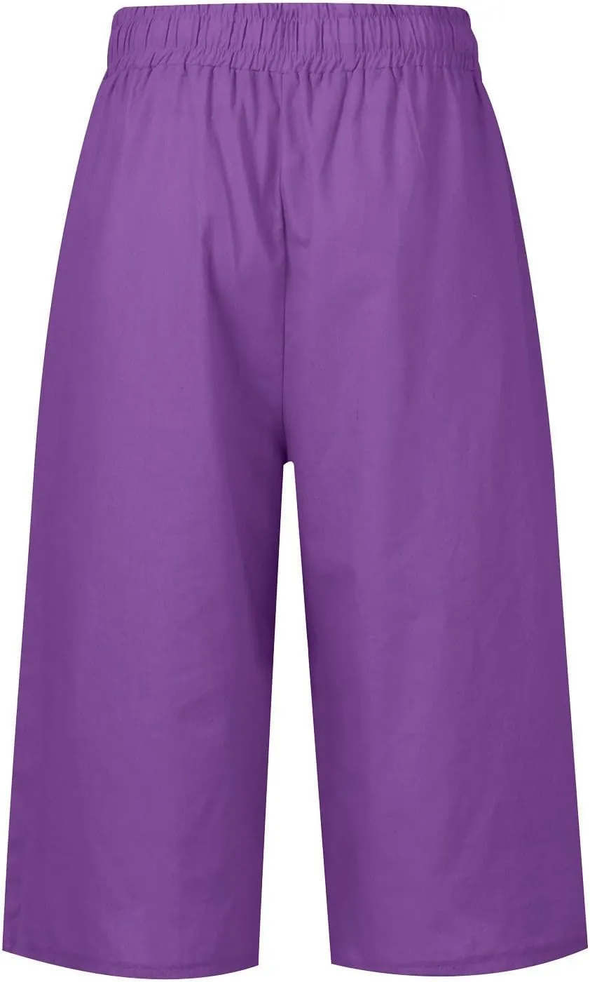 High Waisted Cotton Linen Capri Pants Women - Plus Size High Rise Breathable Trousers with Pocket for Summer Beach