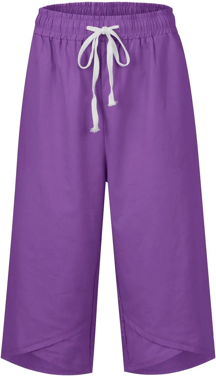 High Waisted Cotton Linen Capri Pants Women - Plus Size High Rise Breathable Trousers with Pocket for Summer Beach