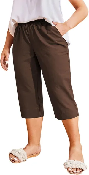 High Waisted Wide Leg Cotton Linen Capri Pants for Women - Breathable Trousers with Pocket for Summer Beach Casual