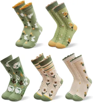 HOMSSEM Floral Crew Socks  5Pair Flower Graphic Soft Cotton Socks for Women, Teen Girls  for Sandals,  Cute Vibrant Colors
