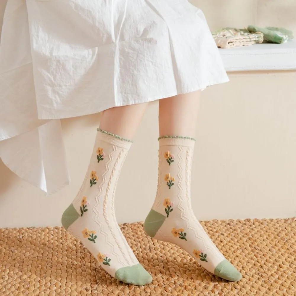 HOMSSEM Floral Crew Socks  5Pair Flower Graphic Soft Cotton Socks for Women, Teen Girls  for Sandals,  Cute Vibrant Colors