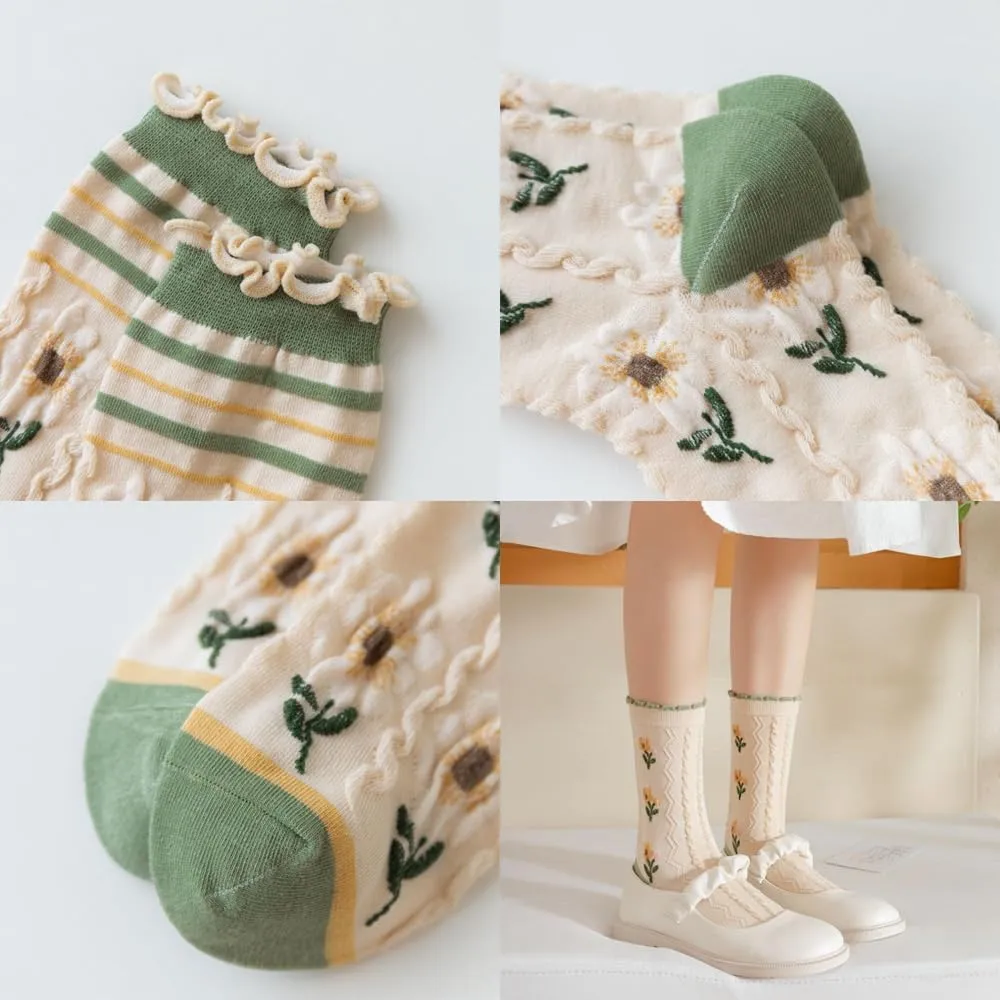 HOMSSEM Floral Crew Socks  5Pair Flower Graphic Soft Cotton Socks for Women, Teen Girls  for Sandals,  Cute Vibrant Colors