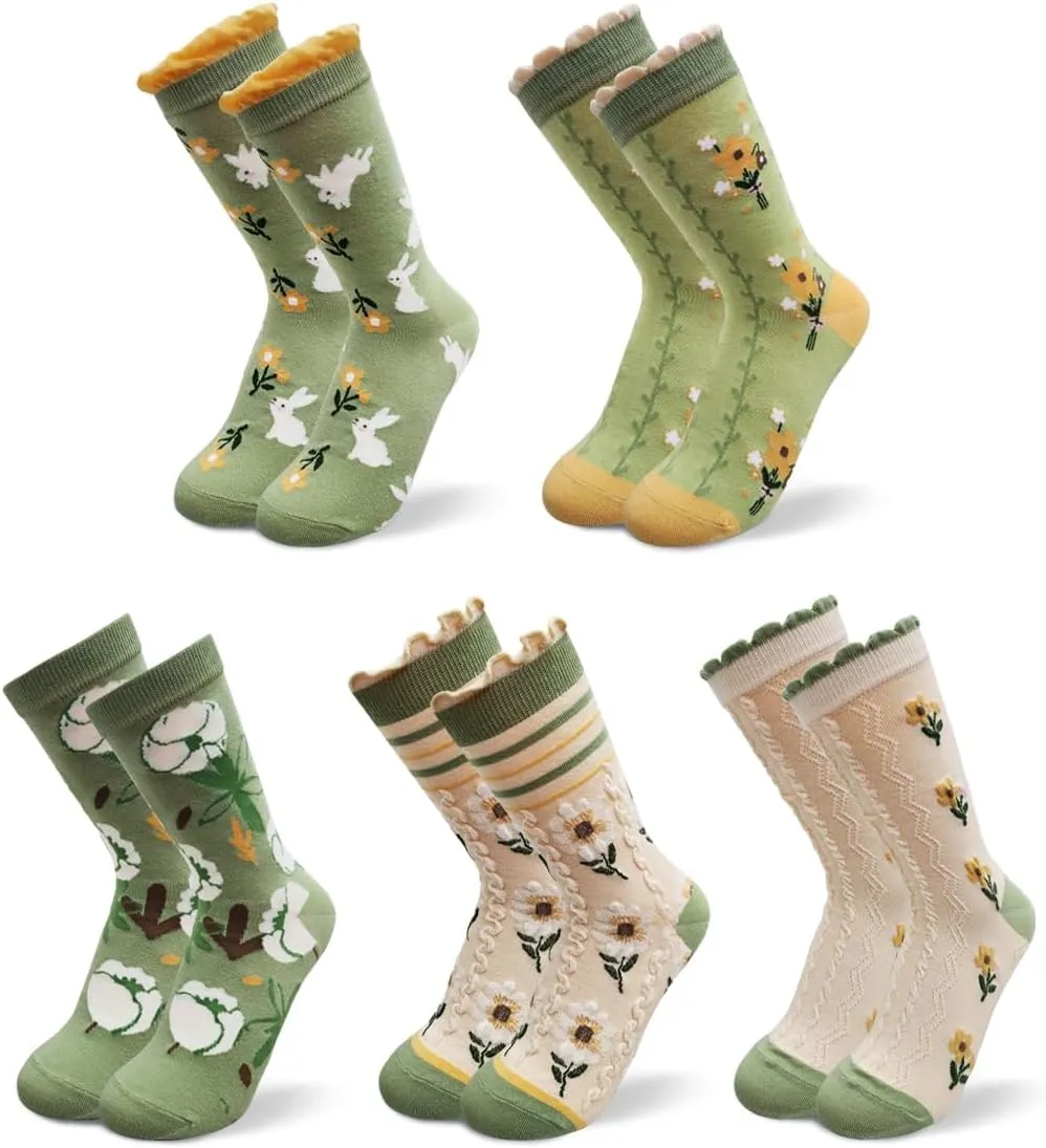 HOMSSEM Floral Crew Socks  5Pair Flower Graphic Soft Cotton Socks for Women, Teen Girls  for Sandals,  Cute Vibrant Colors