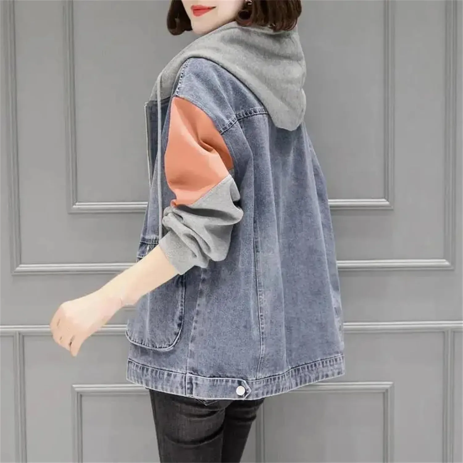 Hooded Denim Jacket For Women Spring Autumn Loose Trench Coat Cowgirl Baseball Uniform Windbreakers
