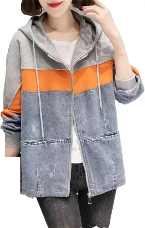 Hooded Denim Jacket For Women Spring Autumn Loose Trench Coat Cowgirl Baseball Uniform Windbreakers