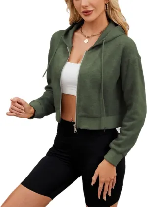 Hooded Sweatshirt Women with Zipper Cropped,Zipper Hooded Drawstring Solid Color Short Long Sleeve Sweatshirt