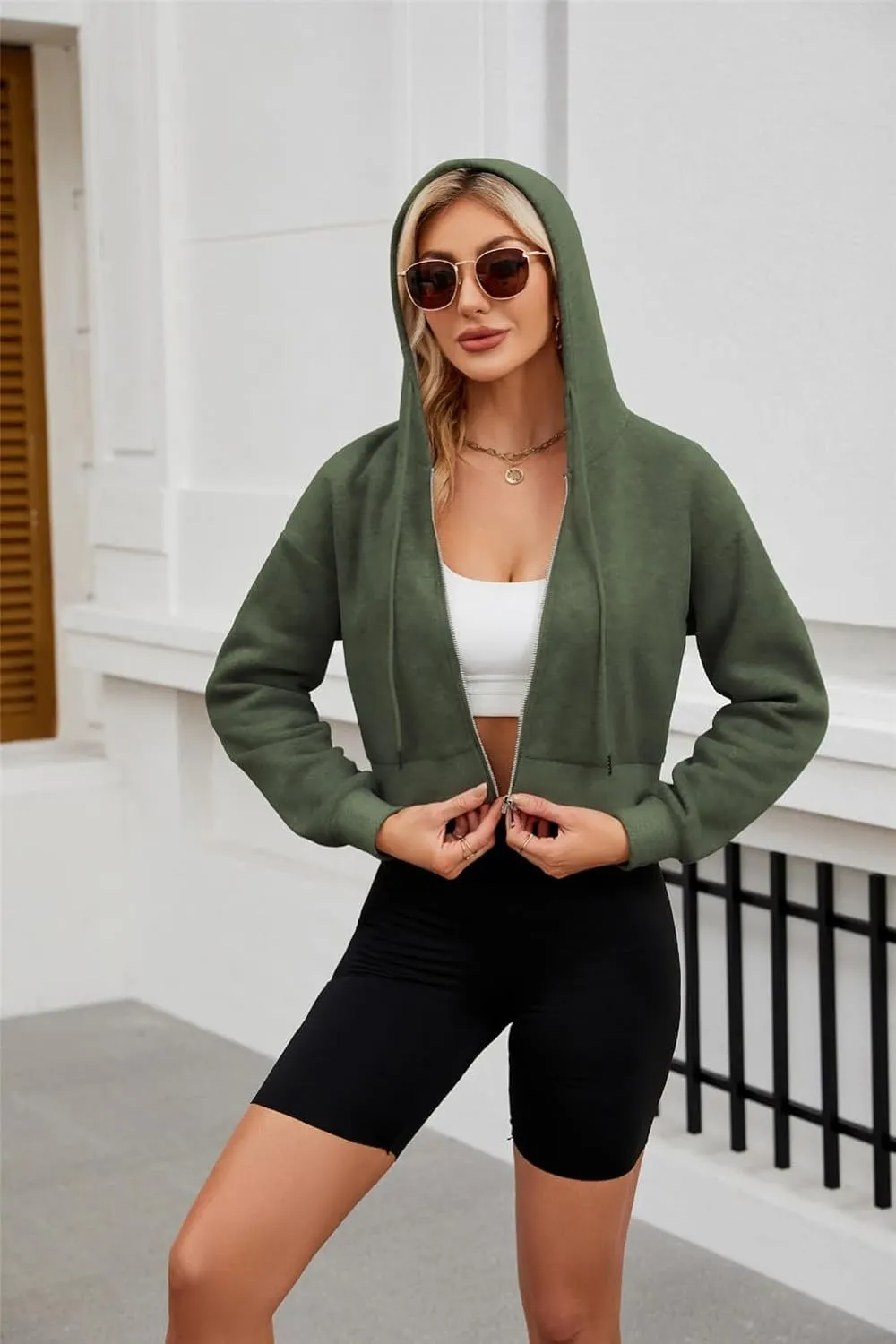 Hooded Sweatshirt Women with Zipper Cropped,Zipper Hooded Drawstring Solid Color Short Long Sleeve Sweatshirt