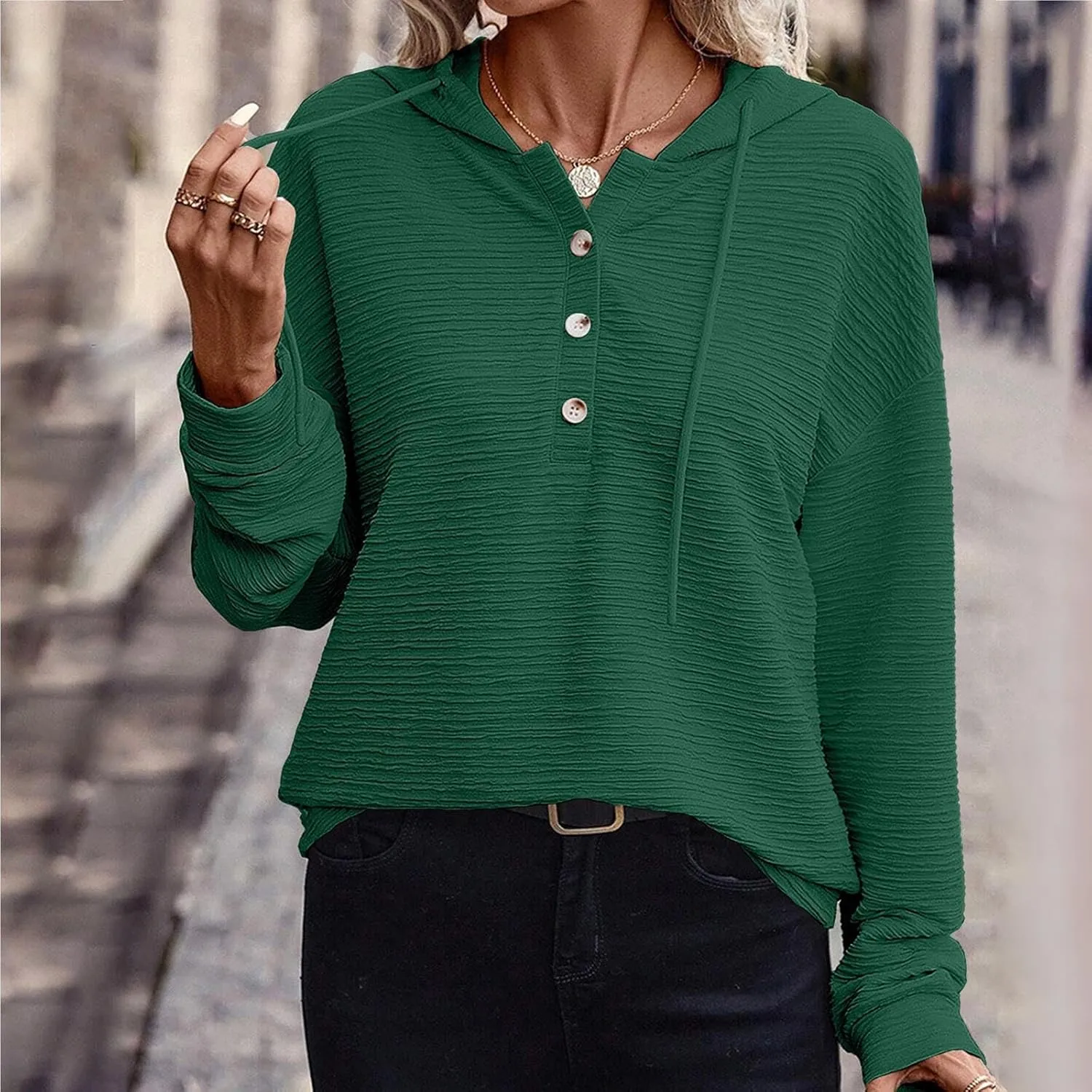 Hoodies for Women 2024 Fashion Fall V Neck Button Down Long Sleeve Casual Cute Hooded Sweatshirts Drawstring Tops