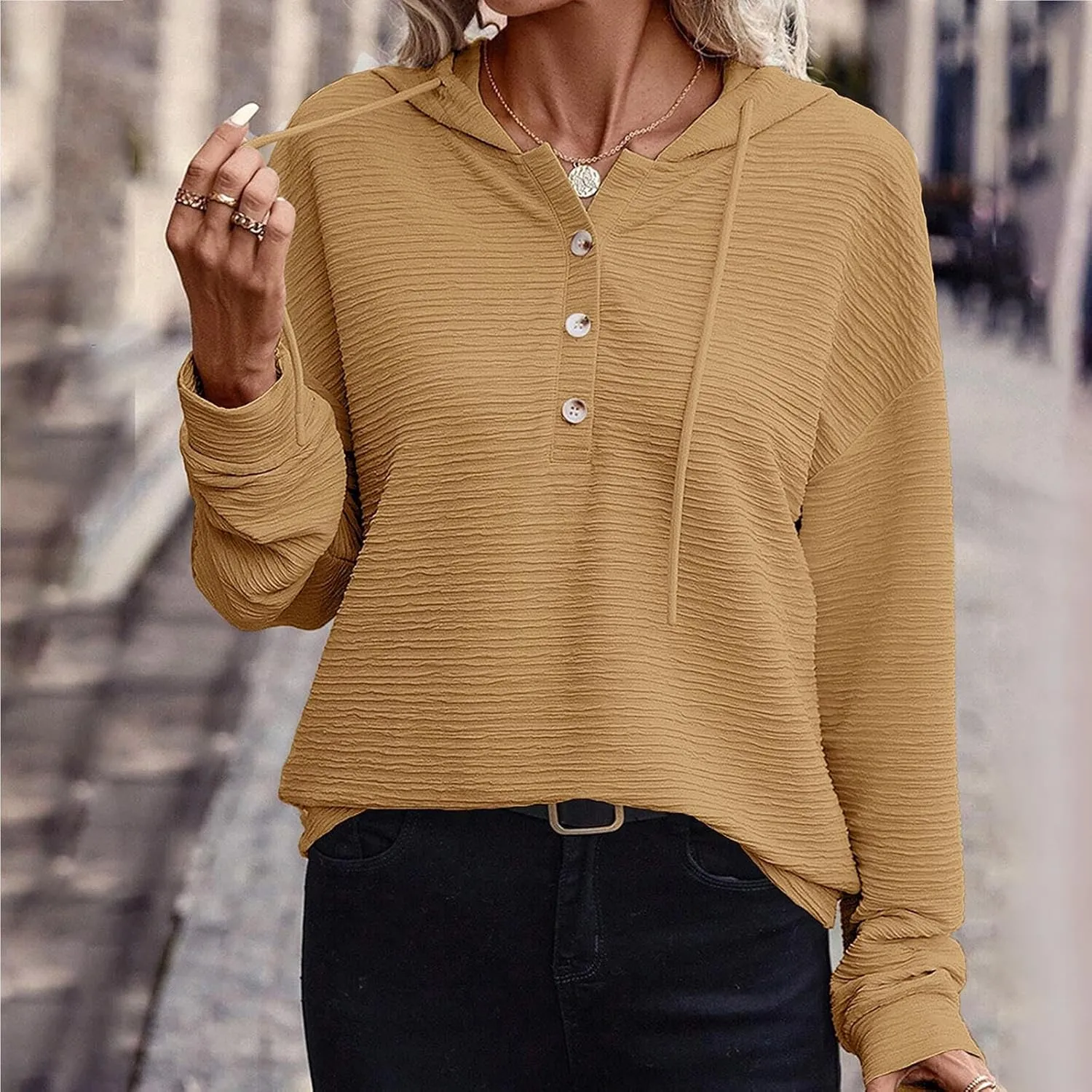 Hoodies for Women 2024 Fashion Fall V Neck Button Down Long Sleeve Casual Cute Hooded Sweatshirts Drawstring Tops
