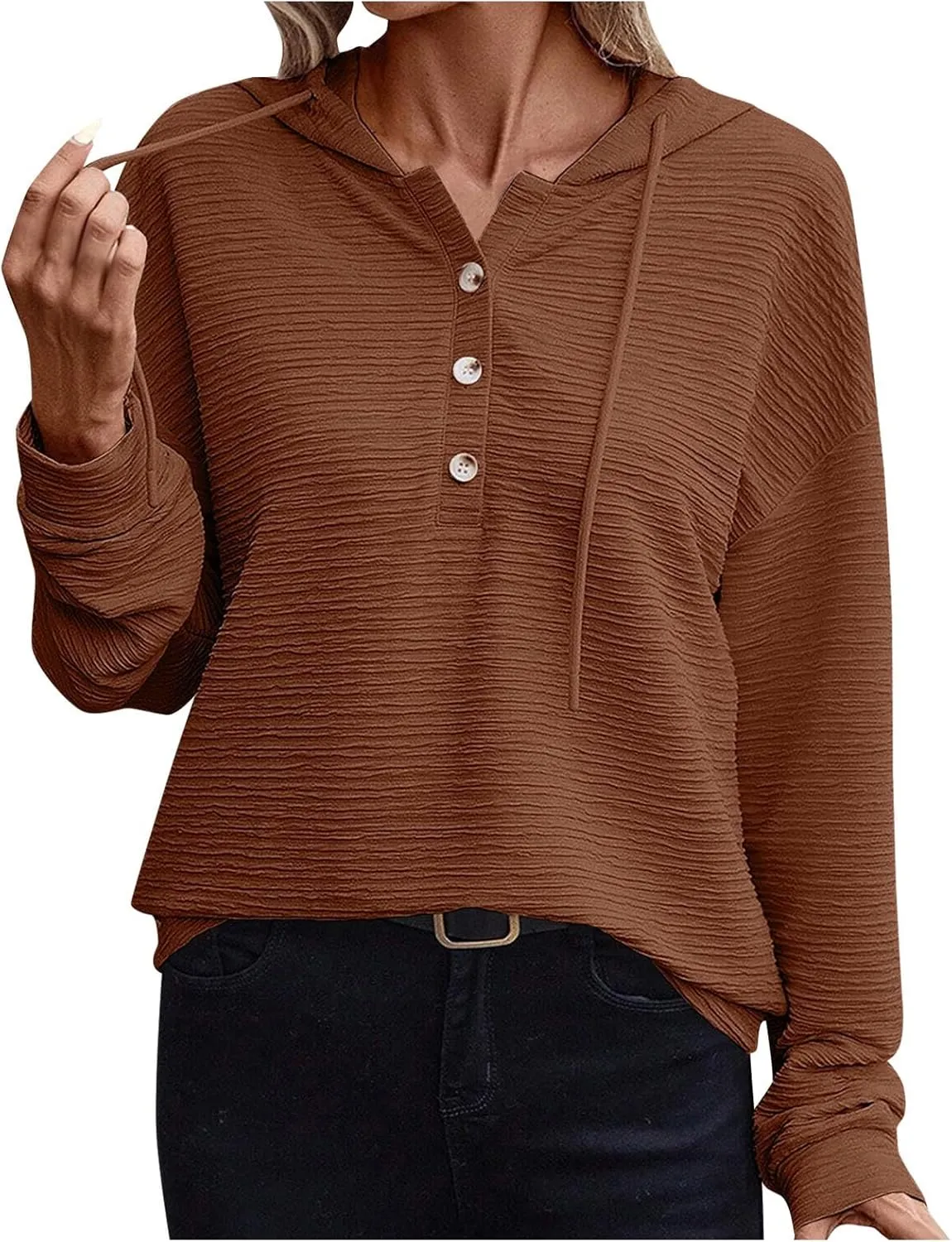 Hoodies for Women 2024 Fashion Fall V Neck Button Down Long Sleeve Casual Cute Hooded Sweatshirts Drawstring Tops
