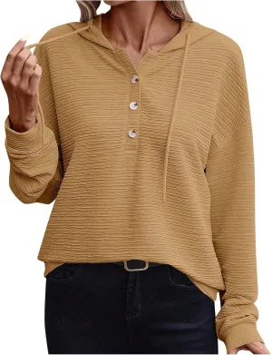 Hoodies for Women 2024 Fashion Fall V Neck Button Down Long Sleeve Casual Cute Hooded Sweatshirts Drawstring Tops