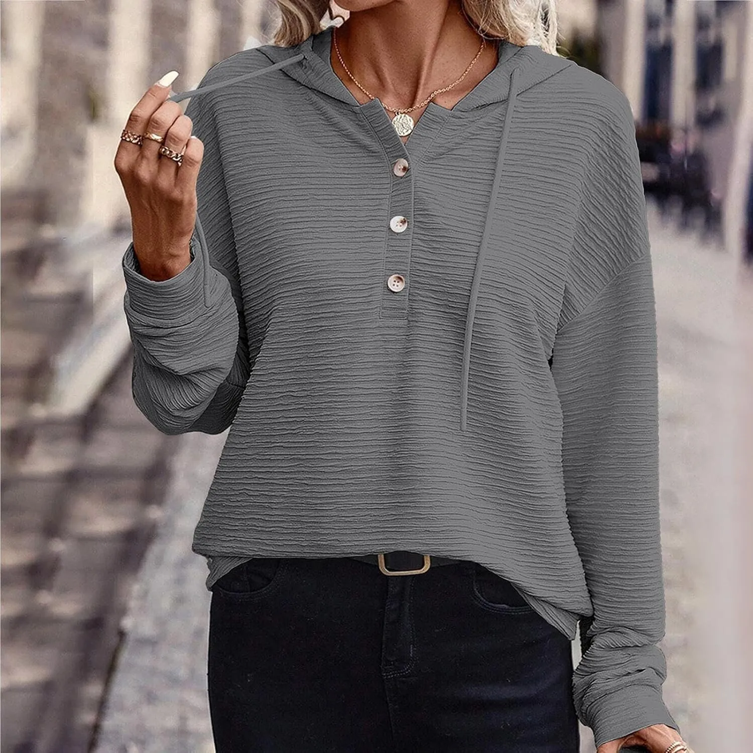 Hoodies for Women Oversized Sweatshirt Pullover Long Sleeve Tops V Neck Plain Color Shirt Sretchy Soft Fall Tops