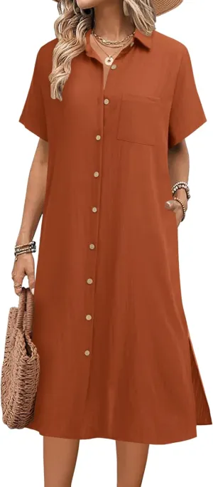 HOTOUCH Womens Dress Summer Casual Midi Short Sleeve Button Down Shirt Dresses Loose Beach Cover Up with Pockets