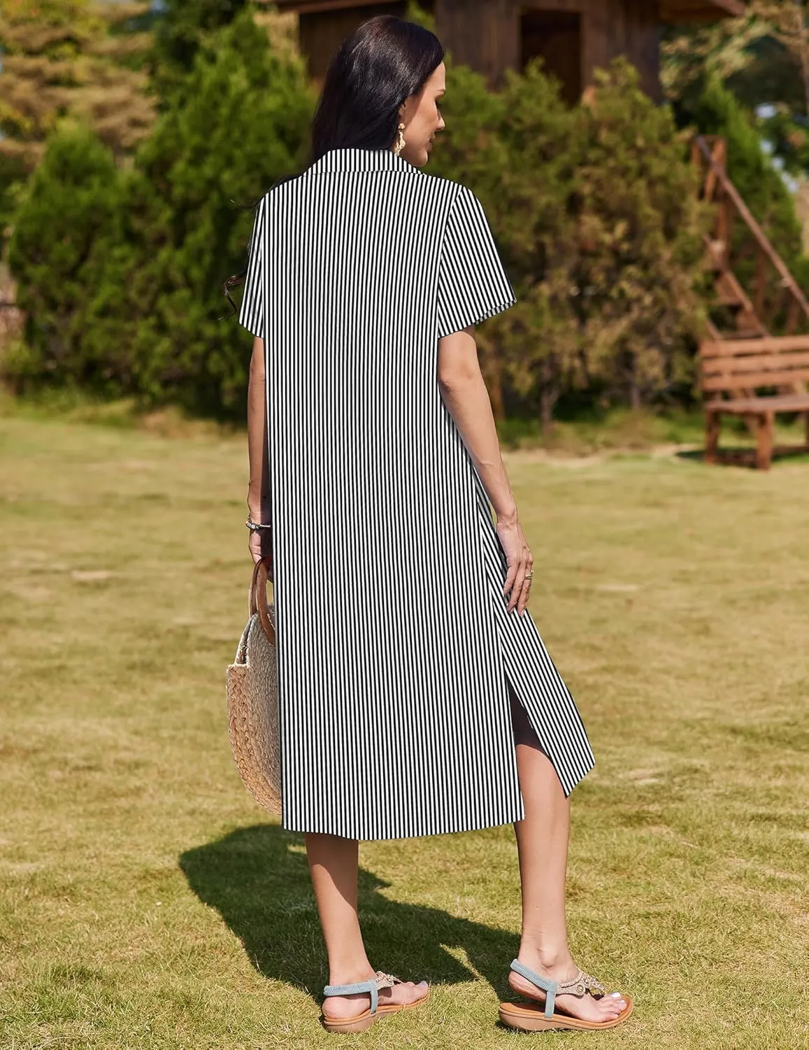 HOTOUCH Womens Dress Summer Casual Midi Short Sleeve Button Down Shirt Dresses Loose Beach Cover Up with Pockets