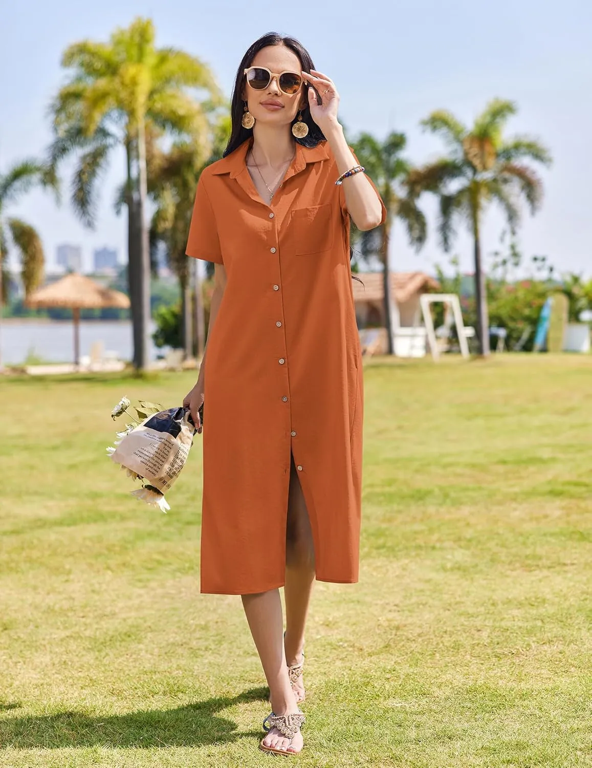 HOTOUCH Womens Dress Summer Casual Midi Short Sleeve Button Down Shirt Dresses Loose Beach Cover Up with Pockets