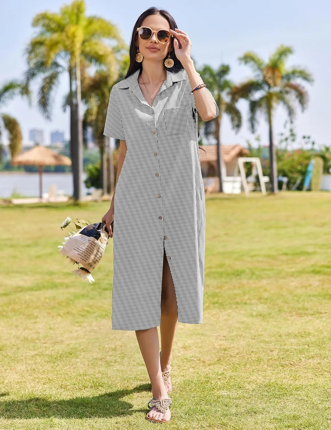 HOTOUCH Womens Dress Summer Casual Midi Short Sleeve Button Down Shirt Dresses Loose Beach Cover Up with Pockets