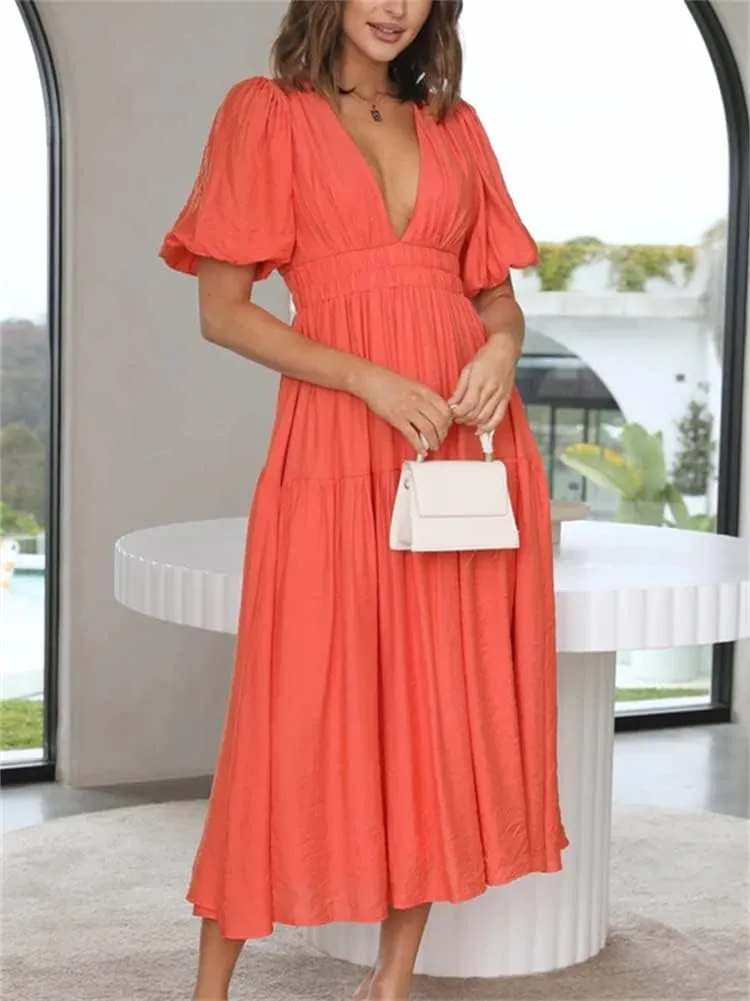 HOULENGS Women's Deep V Neck Puff Short Sleeve Tiered Dress Elastic High Waist Flowy A Line Midi Dresses