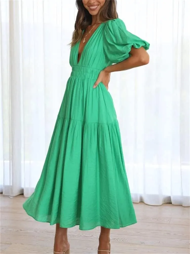 HOULENGS Women's Deep V Neck Puff Short Sleeve Tiered Dress Elastic High Waist Flowy A Line Midi Dresses