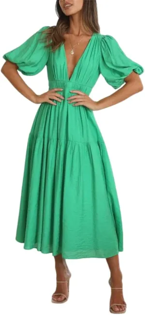 HOULENGS Women's Deep V Neck Puff Short Sleeve Tiered Dress Elastic High Waist Flowy A Line Midi Dresses