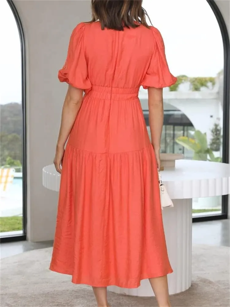 HOULENGS Women's Deep V Neck Puff Short Sleeve Tiered Dress Elastic High Waist Flowy A Line Midi Dresses