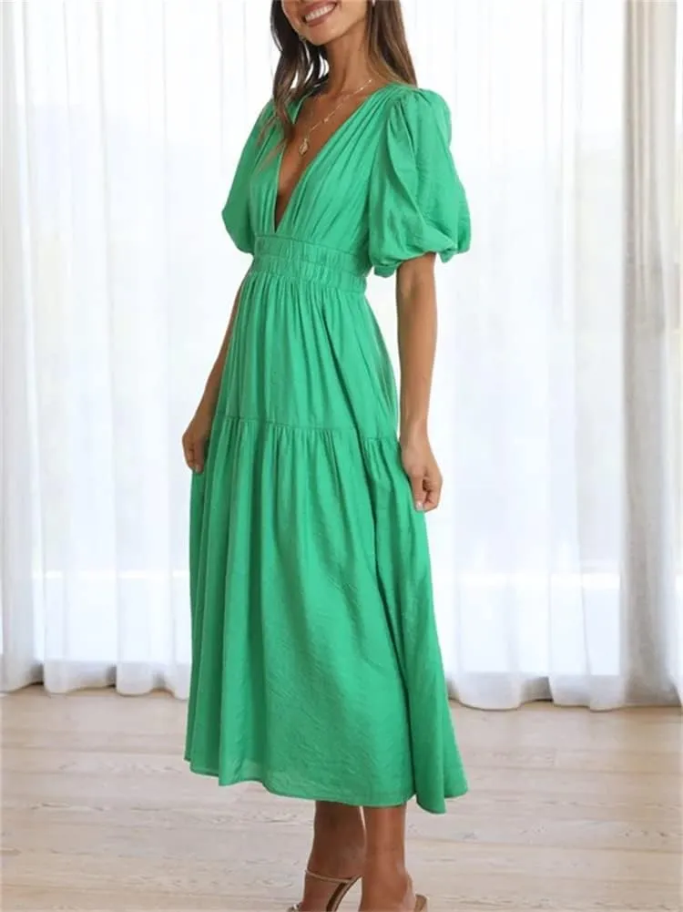 HOULENGS Women's Deep V Neck Puff Short Sleeve Tiered Dress Elastic High Waist Flowy A Line Midi Dresses