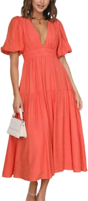HOULENGS Women's Deep V Neck Puff Short Sleeve Tiered Dress Elastic High Waist Flowy A Line Midi Dresses