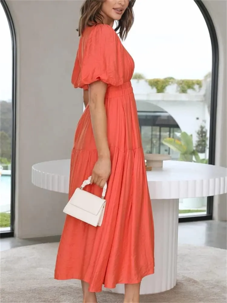 HOULENGS Women's Deep V Neck Puff Short Sleeve Tiered Dress Elastic High Waist Flowy A Line Midi Dresses