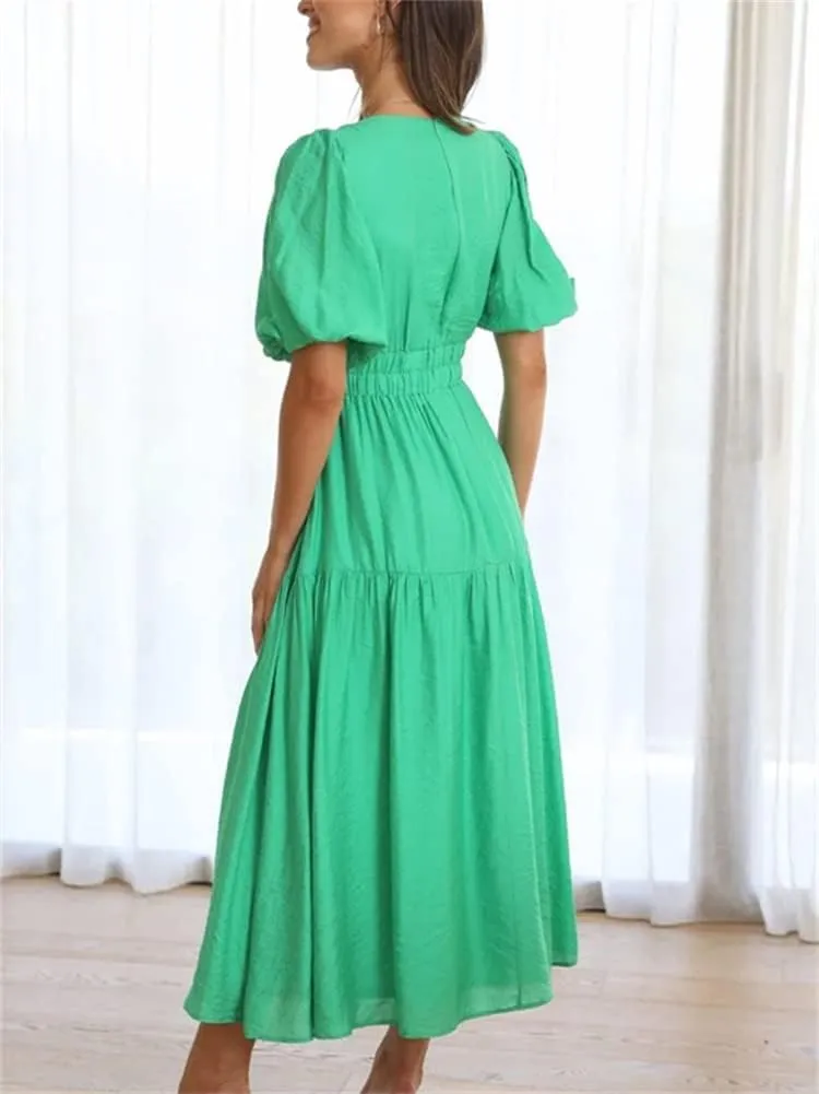 HOULENGS Women's Deep V Neck Puff Short Sleeve Tiered Dress Elastic High Waist Flowy A Line Midi Dresses