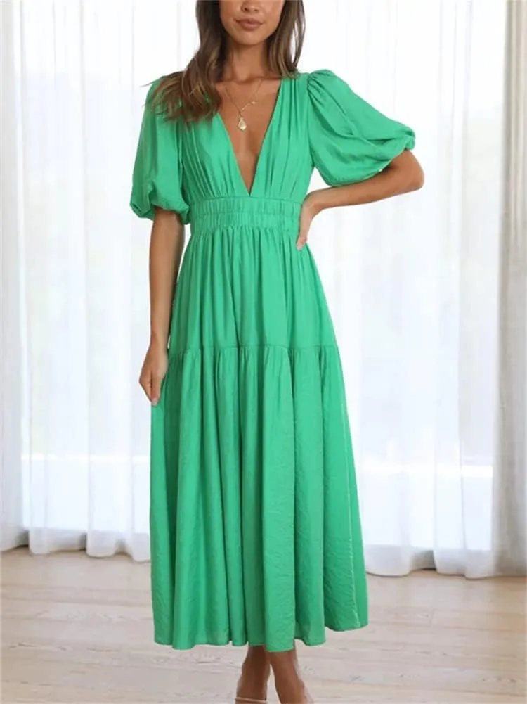 HOULENGS Women's Deep V Neck Puff Short Sleeve Tiered Dress Elastic High Waist Flowy A Line Midi Dresses