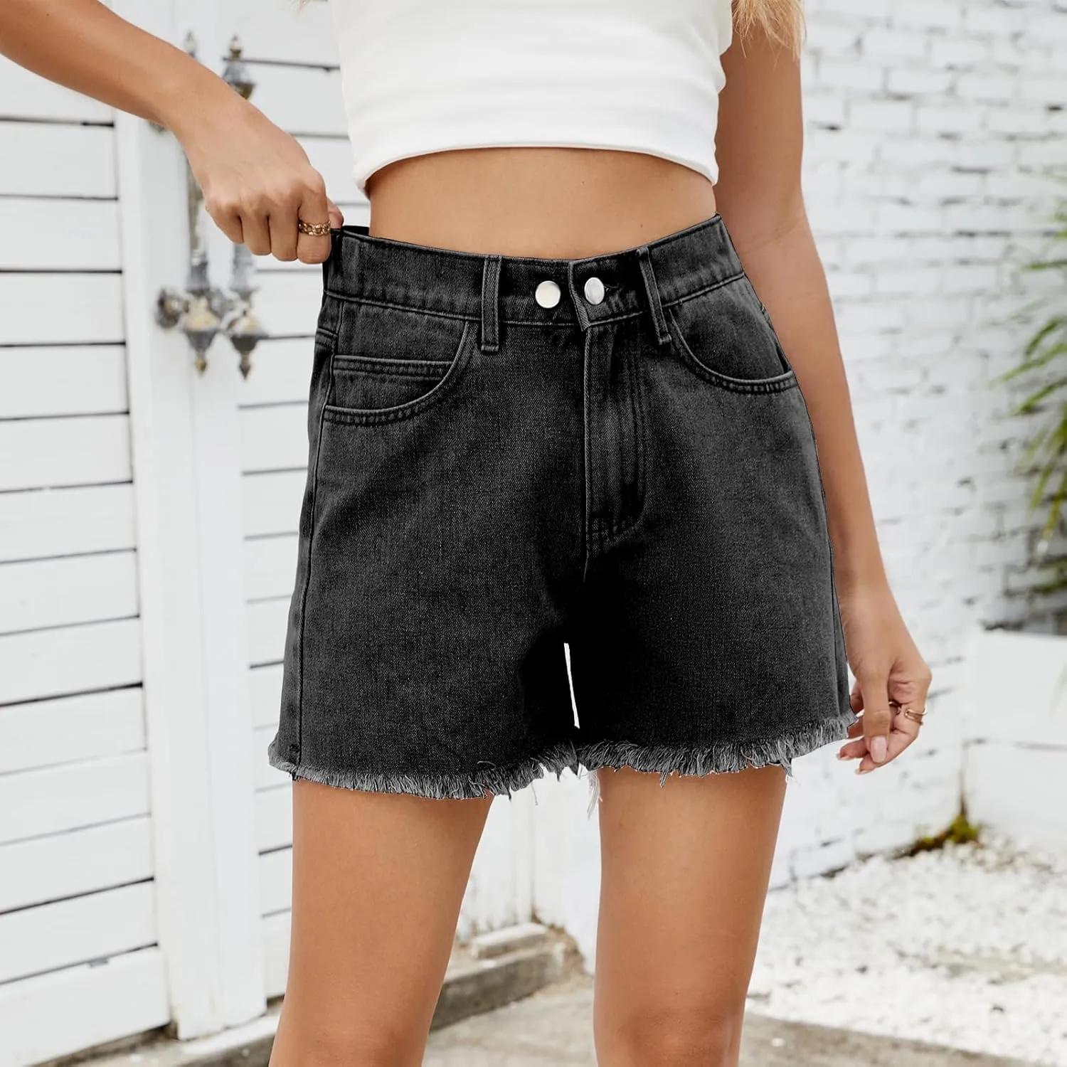 HVEPUO Women High Waisted Frayed Raw Hem Jean Shorts Summer Elastic Waist Casual Straight Leg Button Adjustable Denim Shorts
