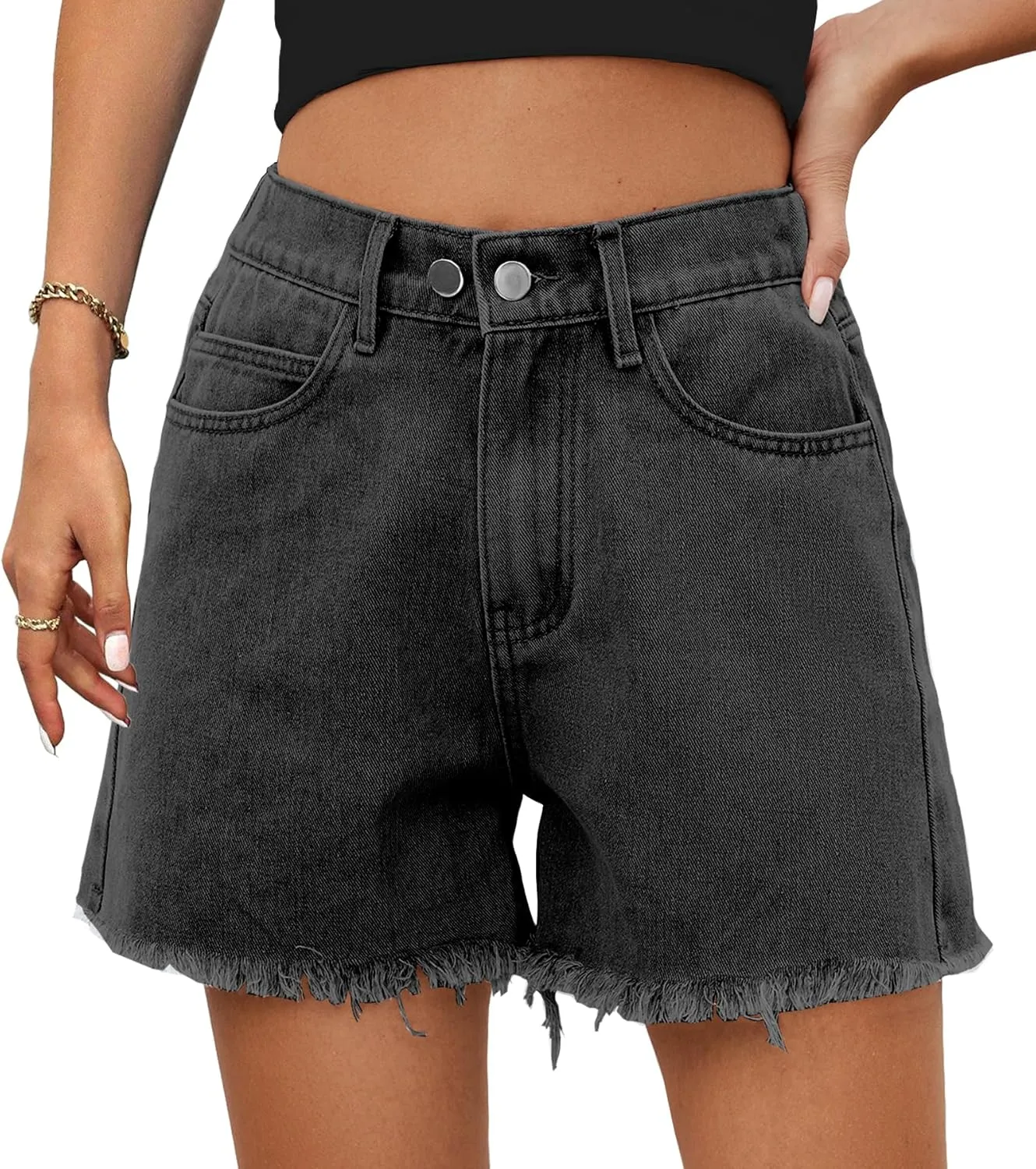 HVEPUO Women High Waisted Frayed Raw Hem Jean Shorts Summer Elastic Waist Casual Straight Leg Button Adjustable Denim Shorts