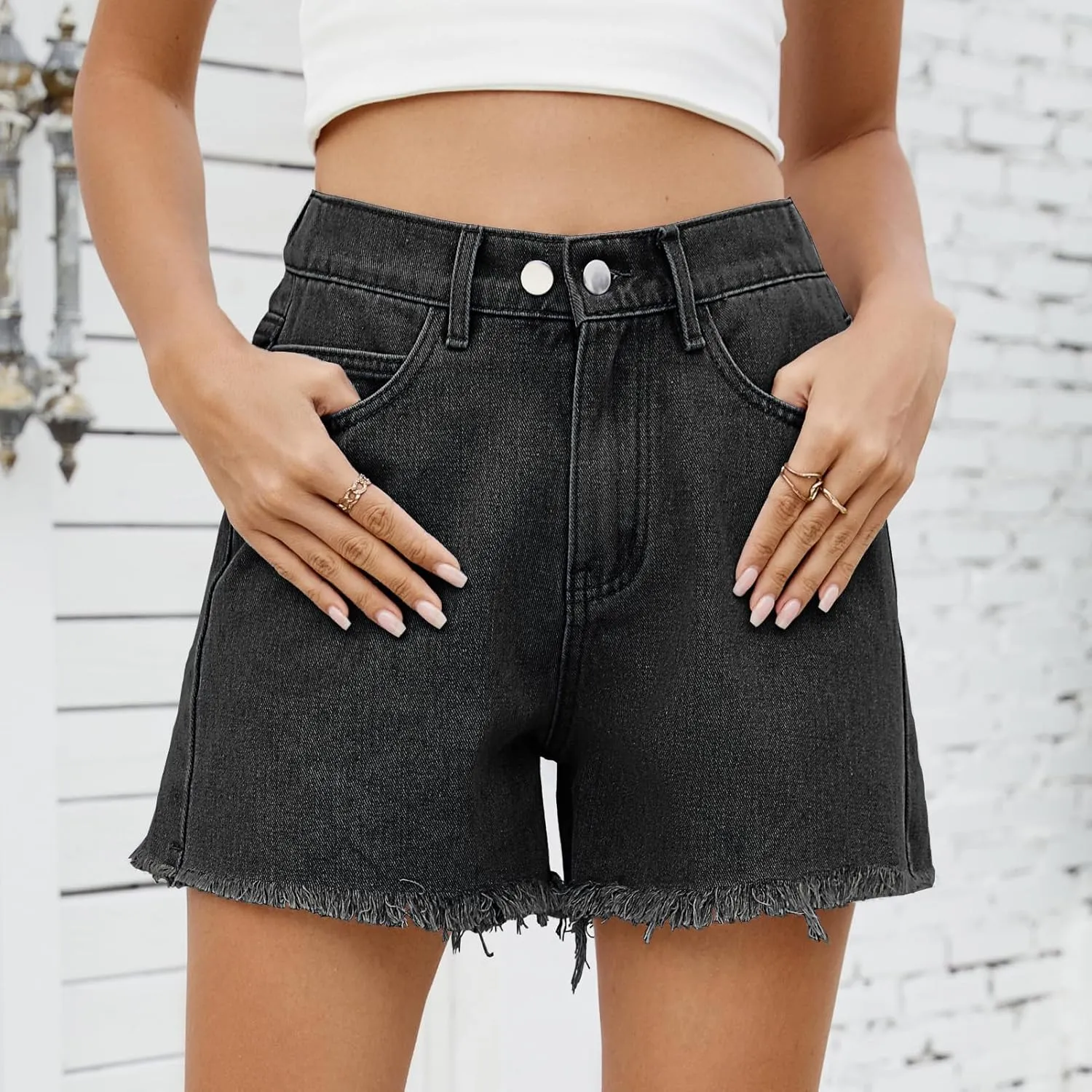 HVEPUO Women High Waisted Frayed Raw Hem Jean Shorts Summer Elastic Waist Casual Straight Leg Button Adjustable Denim Shorts
