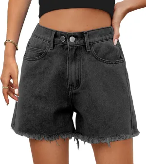 HVEPUO Women High Waisted Frayed Raw Hem Jean Shorts Summer Elastic Waist Casual Straight Leg Button Adjustable Denim Shorts